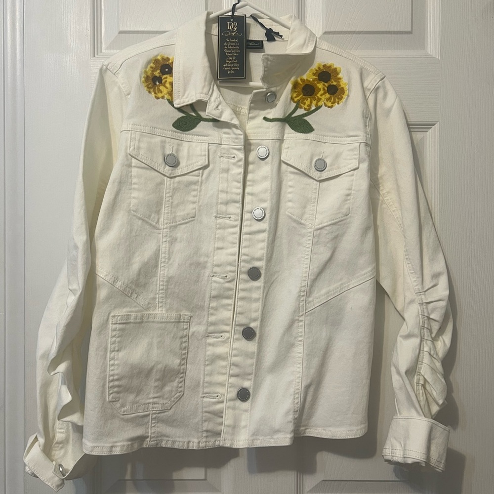 Lucky Brand Cream Jean Jacket with Sunflower Design